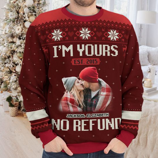 Custom Photo I'm Yours Forever Husband Wife Couple Personalized Ugly Christmas Sweater - Image 5