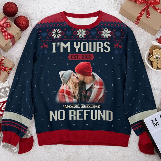 Custom Photo I'm Yours Forever Husband Wife Couple Personalized Ugly Christmas Sweater - Image 4