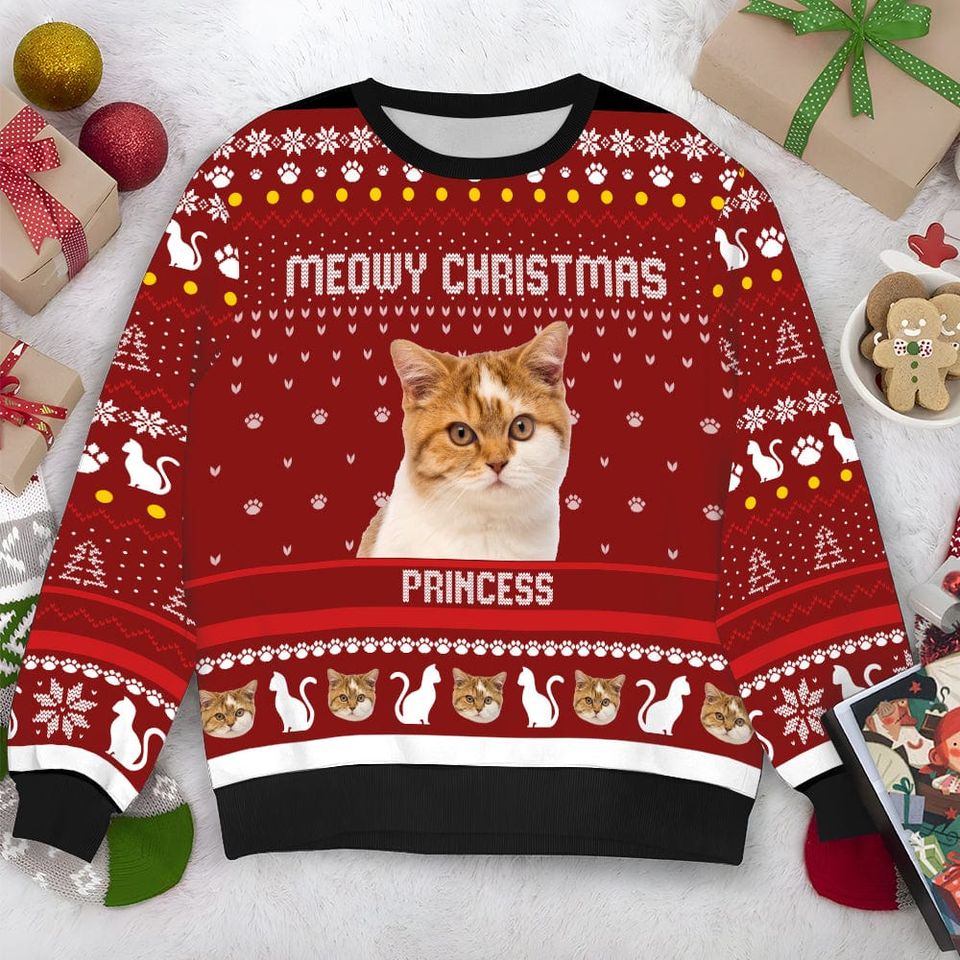 Custom Photo Meowy Christmas Cat AOP Ugly Sweater