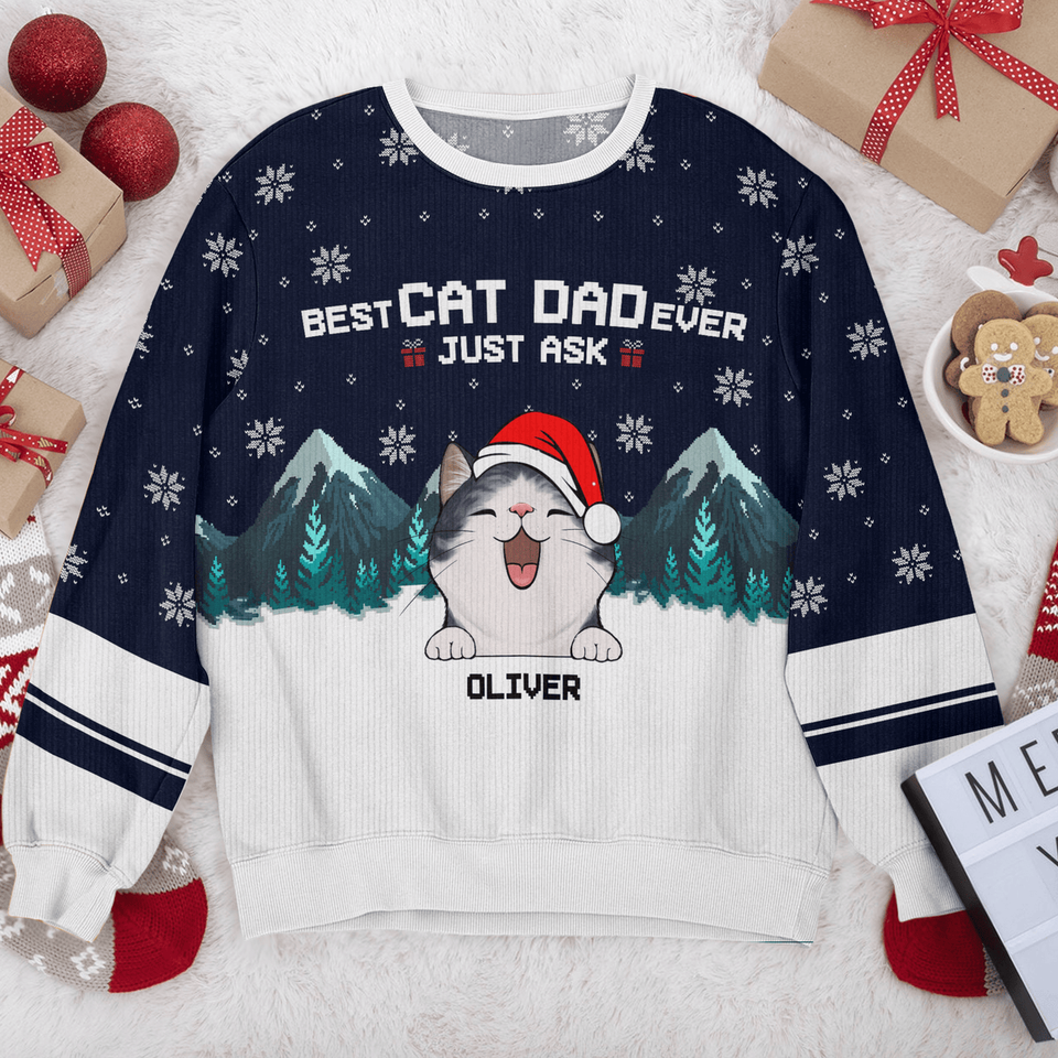 Custom Photo Meowy Christmas Cat AOP Ugly Sweatshirt