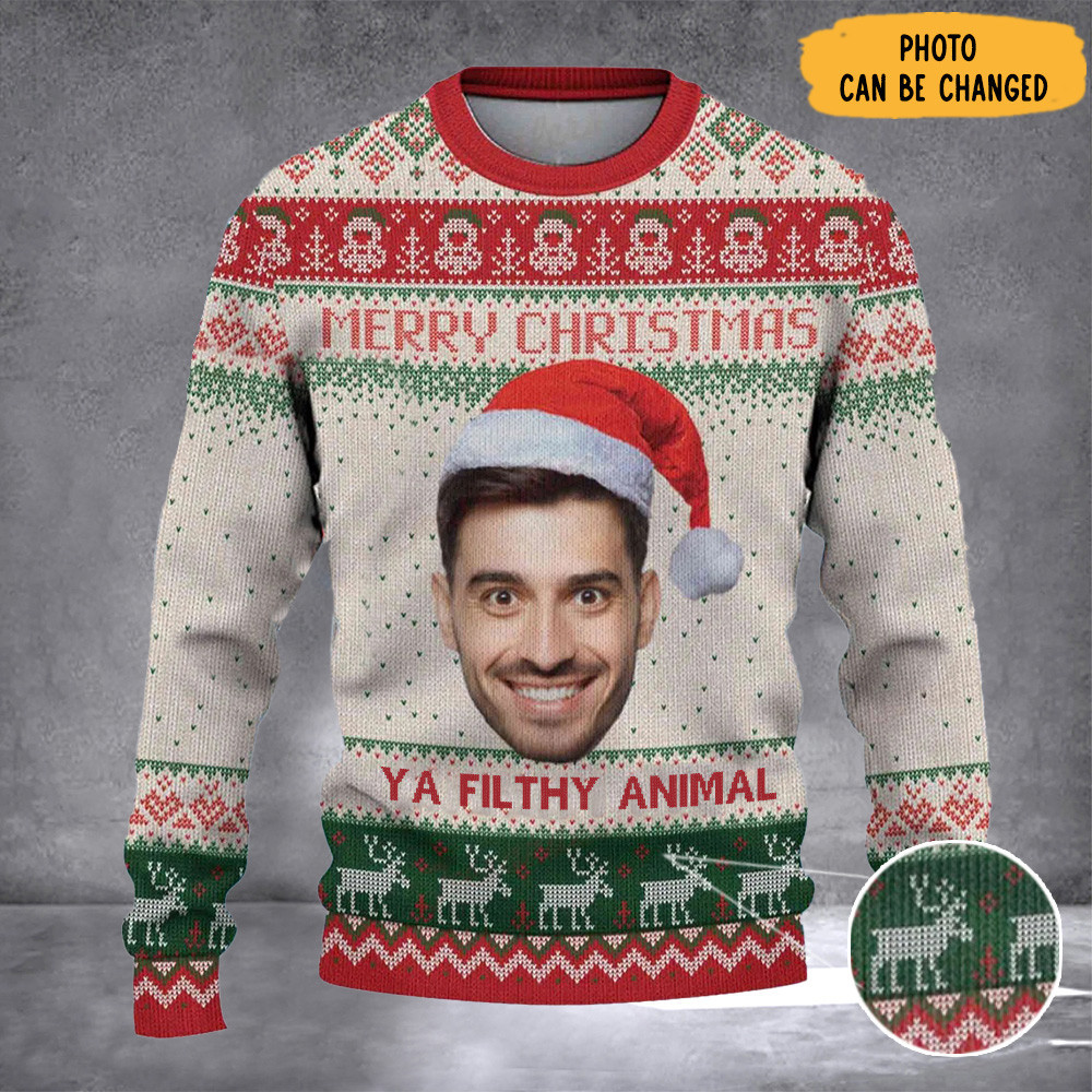Custom Photo Merry Christmas Ya Filthy Animal Ugly Christmas Sweater With Picture Presents