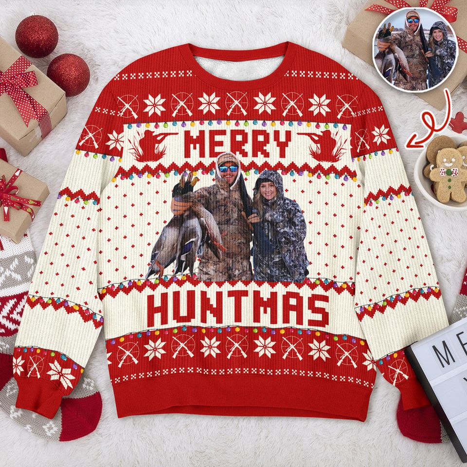 Custom Photo Merry Huntmas - Personalized Ugly Sweater Hunting Christmas Gifts For Dad, Grandpa, Husband