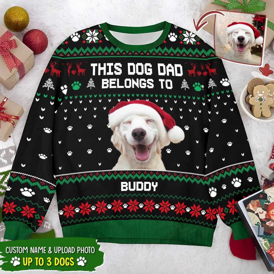 Custom Photo This Dog Dad Belongs To Dog AOP Ugly Sweatshirt - Image 2