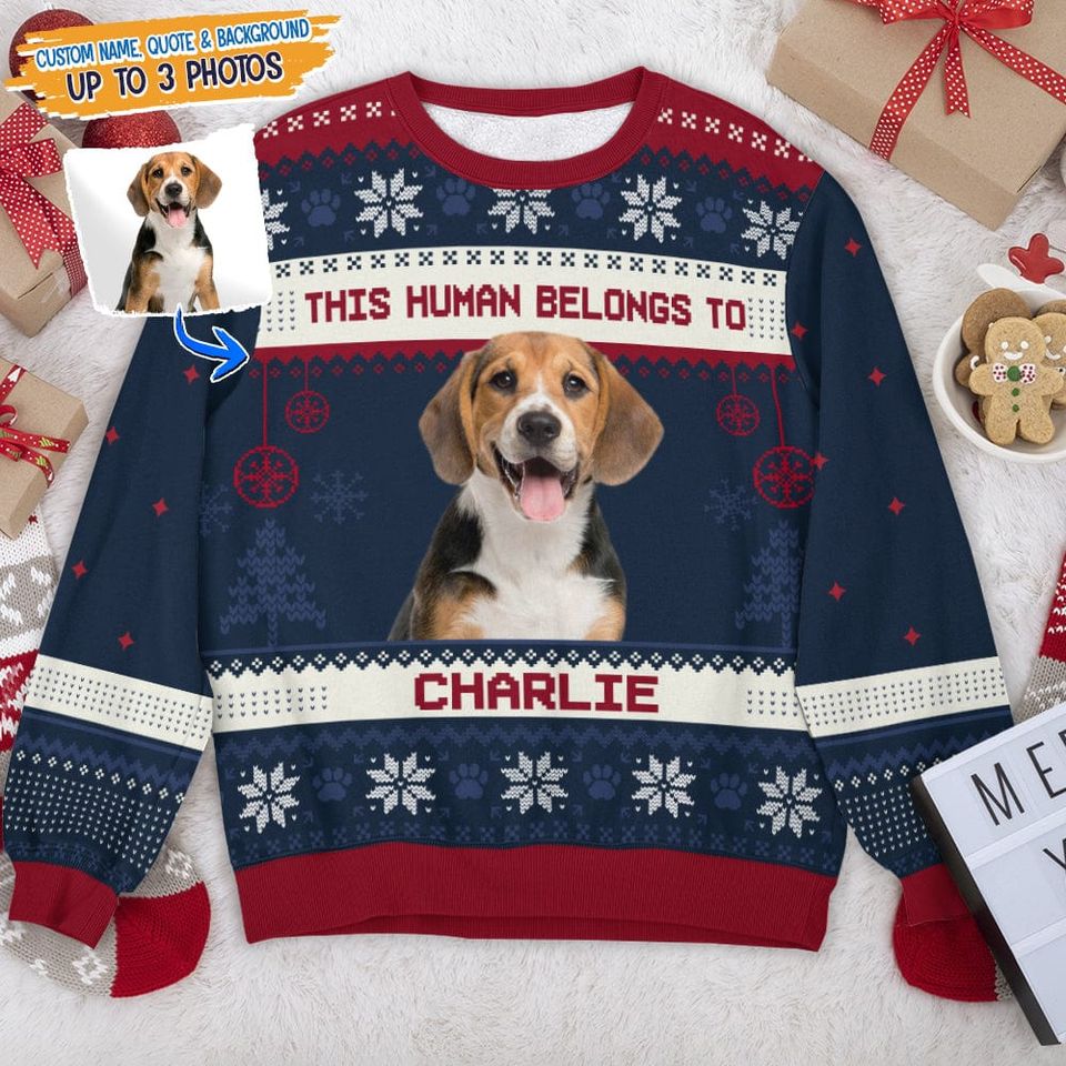 Custom Photo This Human Belong To Dog Cat AOP Ugly Sweatshirt