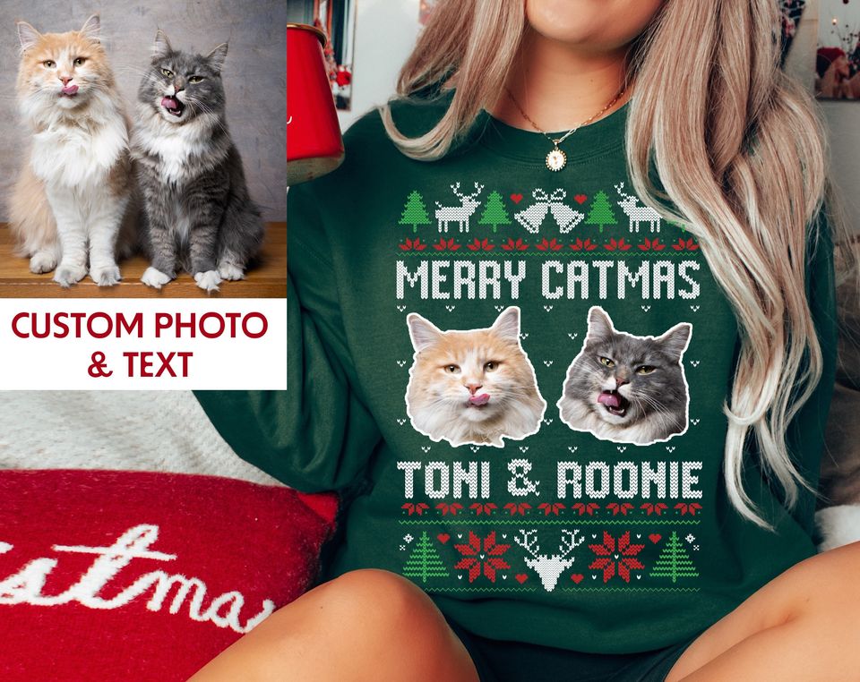 Custom Photo Ugly Christmas Sweater, Merry Catmas, Meowy Christmas