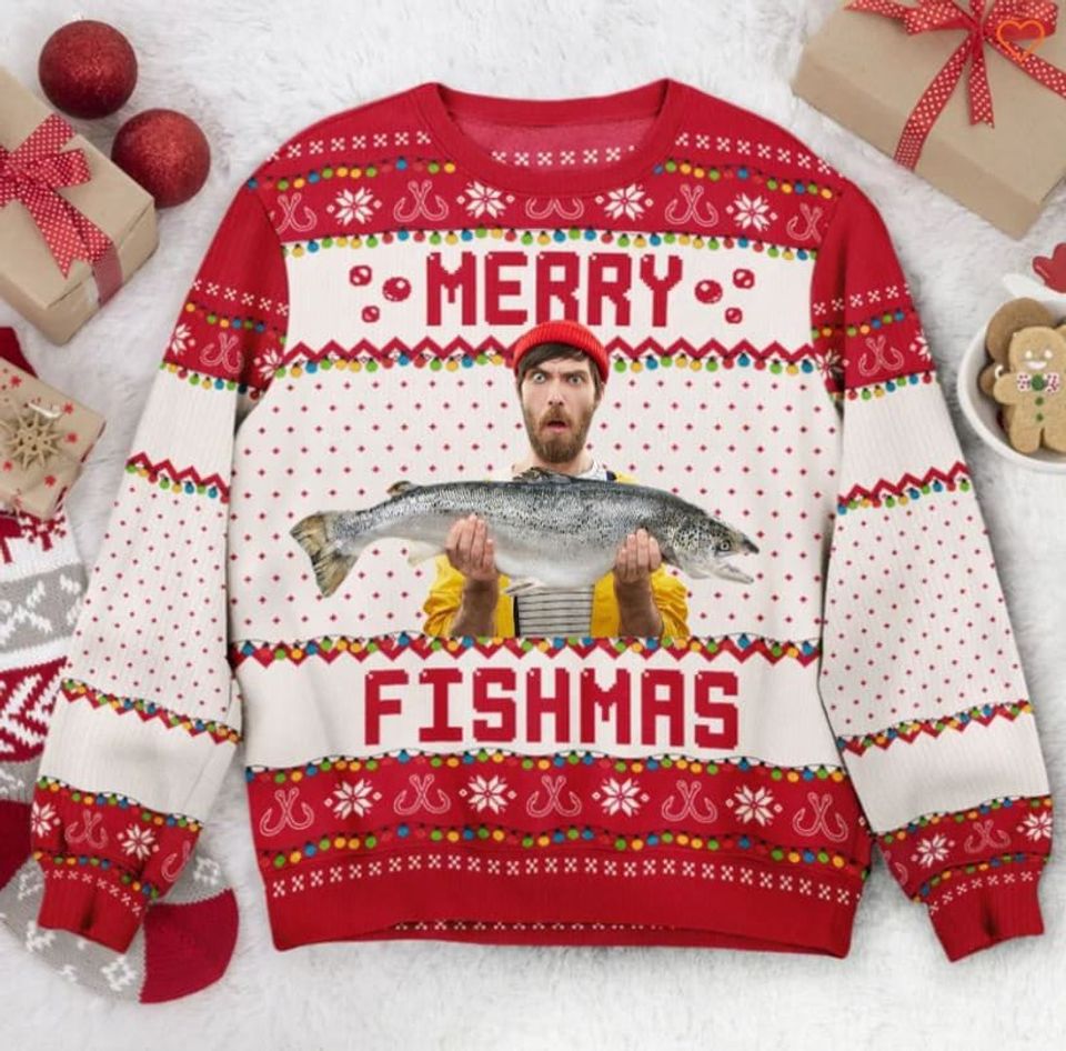 Custom Photo Ugly Christmas Sweater-Merry Fishmas