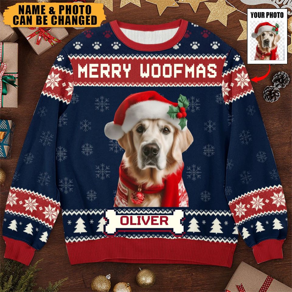 Custom Photo We Wish You A Merry Woofmas - Dog Personalized Custom Ugly Sweatshirt - Image 3