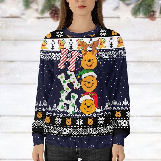 Custom Pooh Ugly Christmas Sweater - Ho Ho Ho Design - Image 11