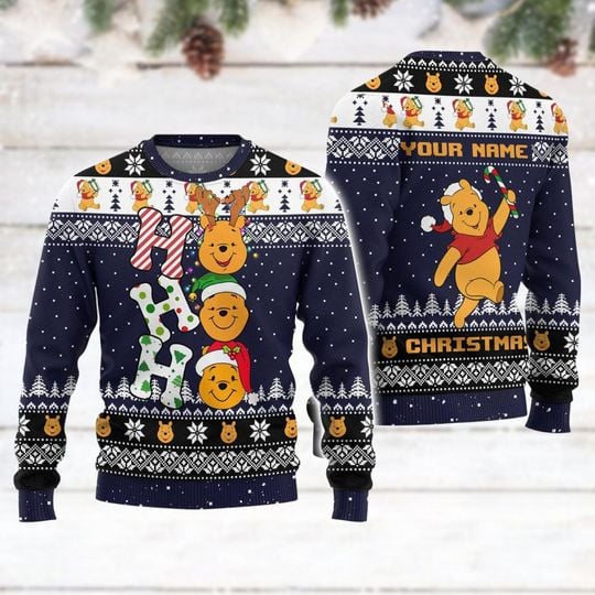 Custom Pooh Ugly Christmas Sweater - Ho Ho Ho Design - Image 9