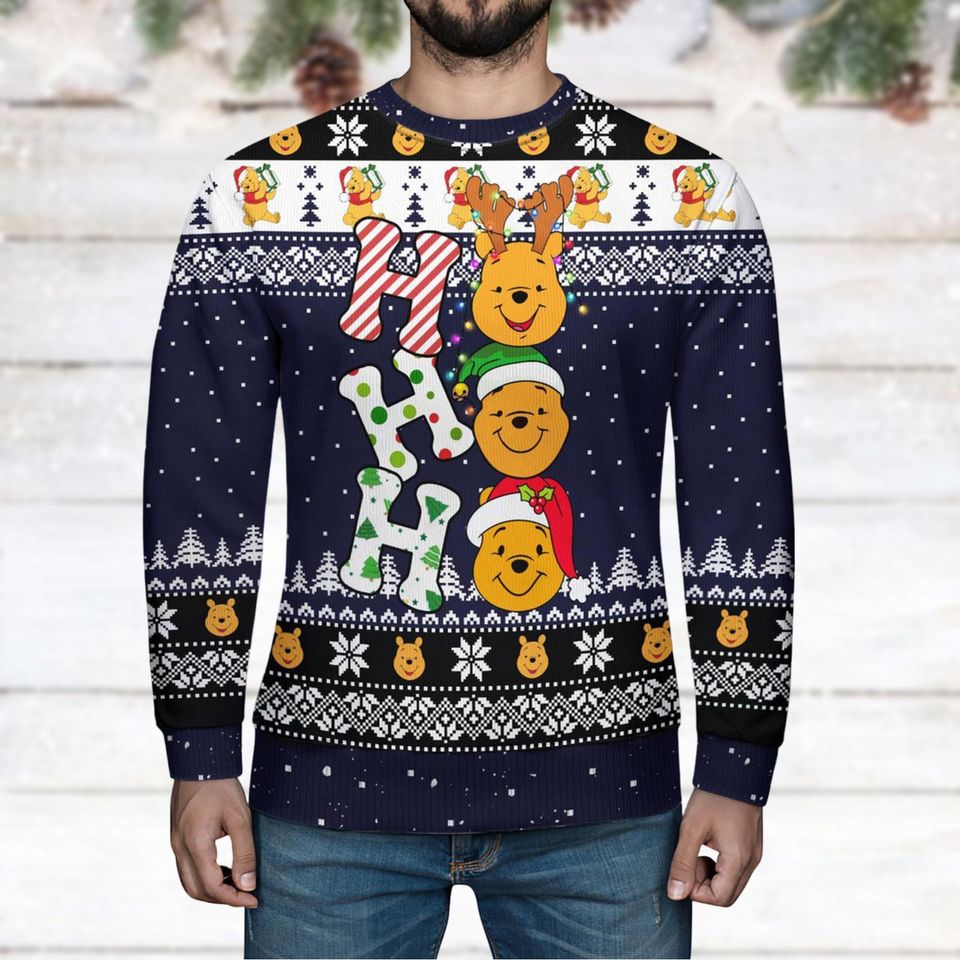 Custom Pooh Ugly Christmas Sweater - Ho Ho Ho Design - Image 5