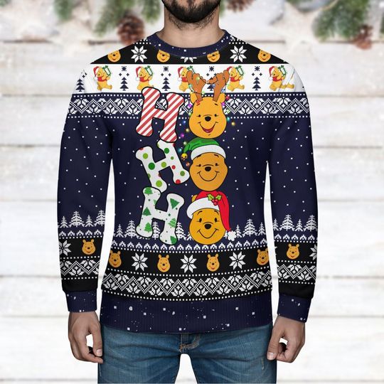 Custom Pooh Ugly Christmas Sweater - Ho Ho Ho Design - Image 13
