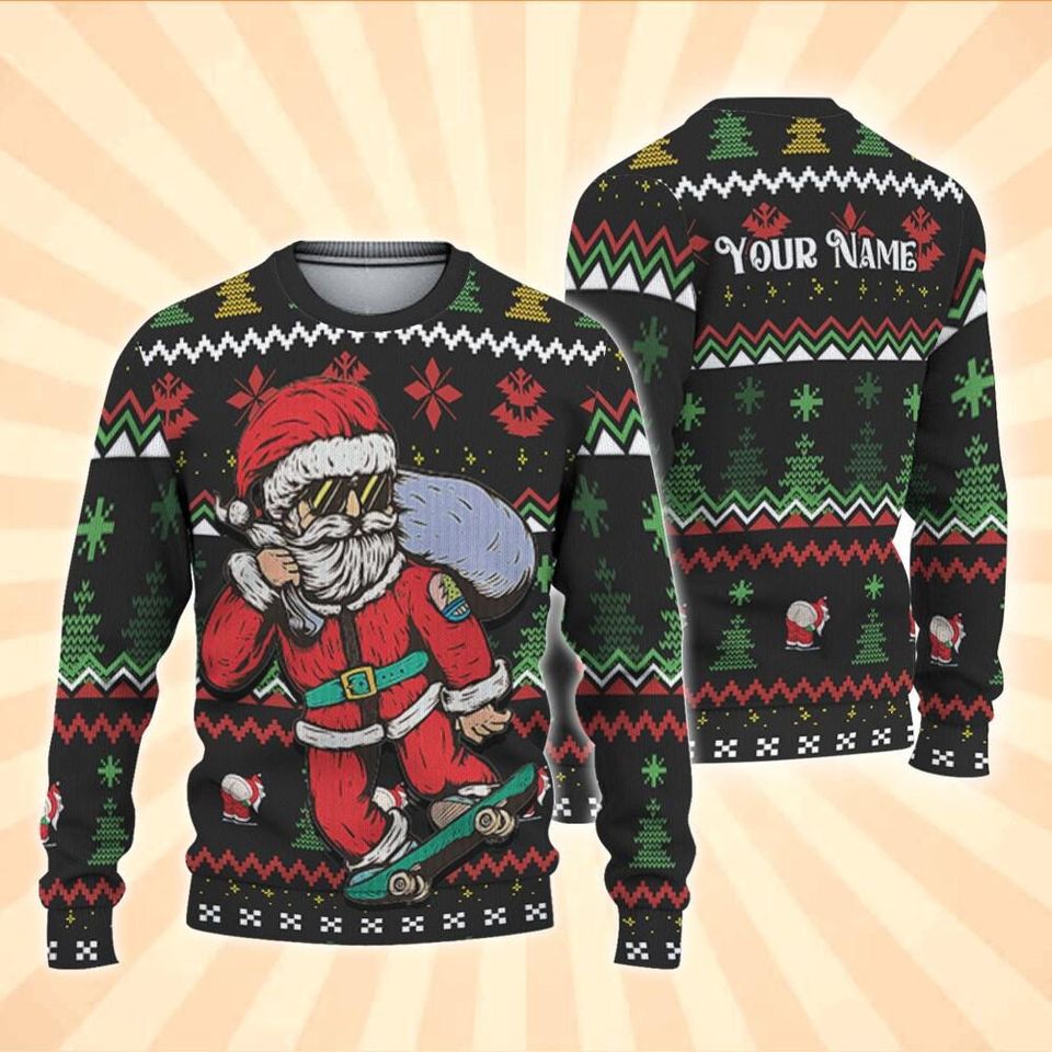 Custom Skate Santa Ugly Sweater, Christmas Party Sweater