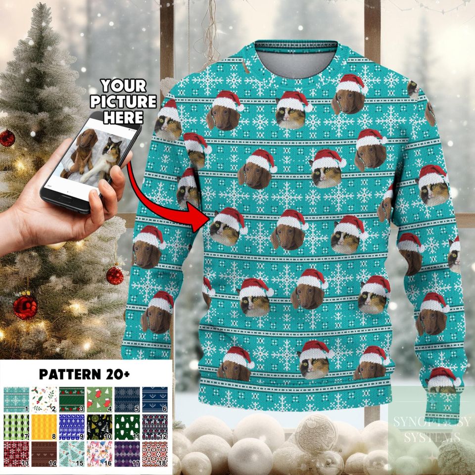 Custom Ugly Christmas Face Sweater, Personalized Dog Face Couples Christmas Sweater