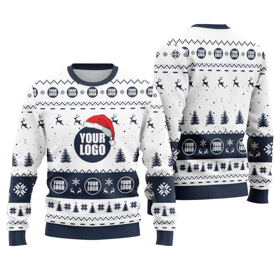 Custom Ugly Christmas Sweater With Company Logo Navy, Holiday Sweaters