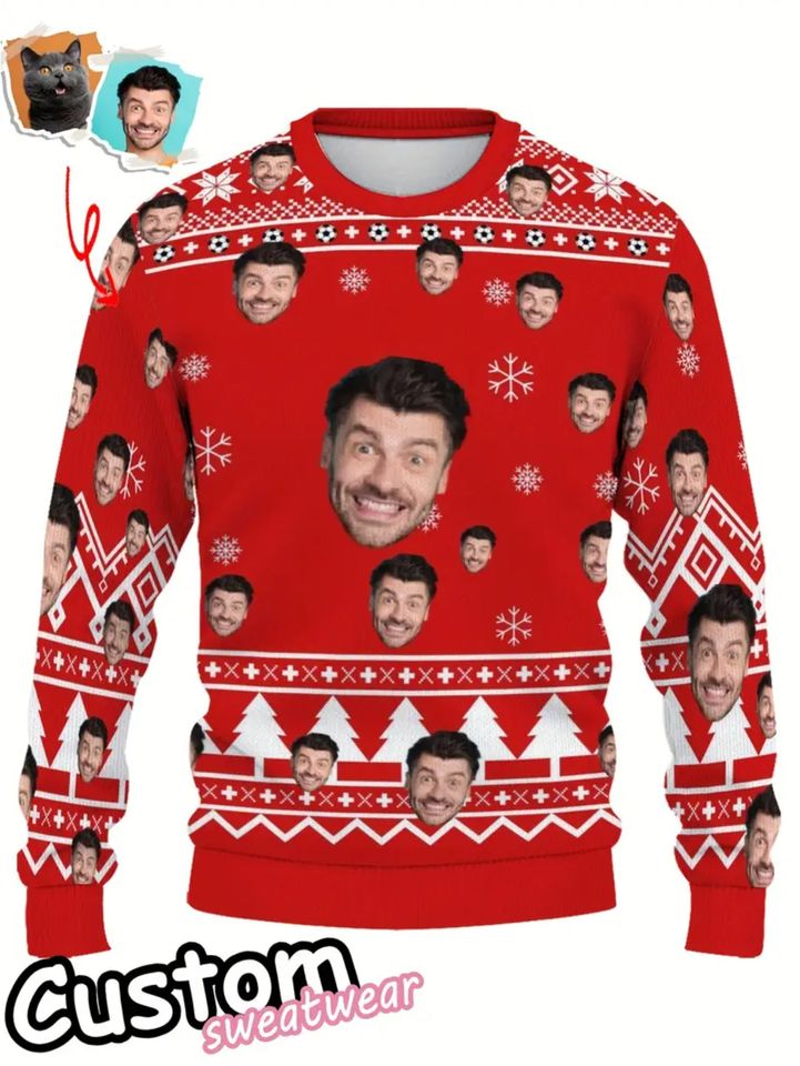 Custom Ugly Christmas Sweater with Face & Photo Print - Red & White Reindeer Snowflake Hat