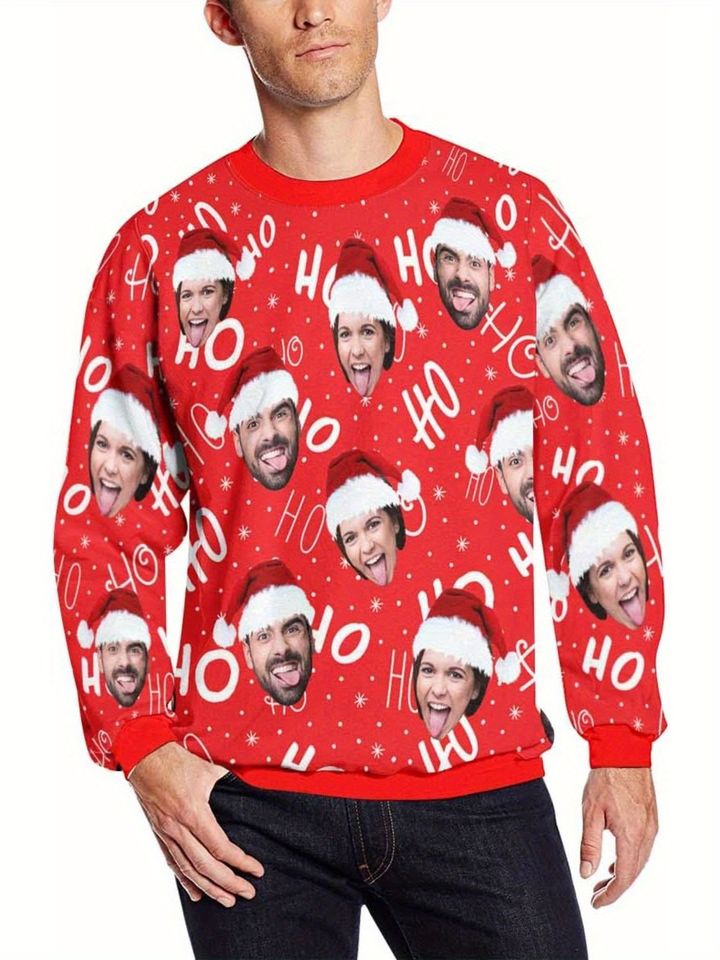 Custom Ugly Christmas Sweater with Face - Family Matching Holiday Sweatshirt with Personalized All-Over Photo Print