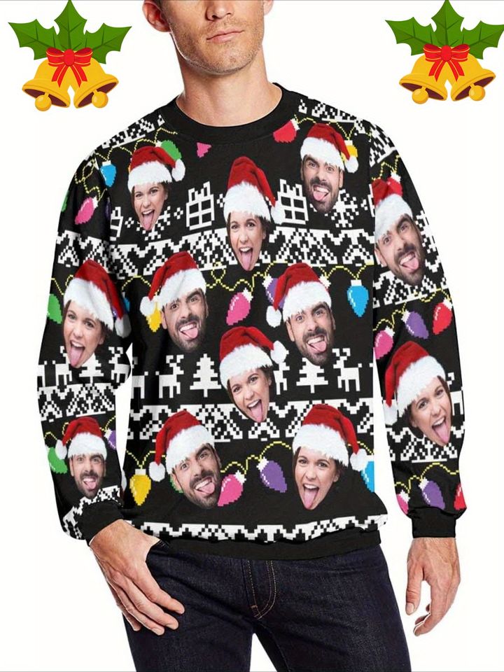 Custom Ugly Christmas Sweater with Personalized Photo, Funny Faces, and Festive Patterns