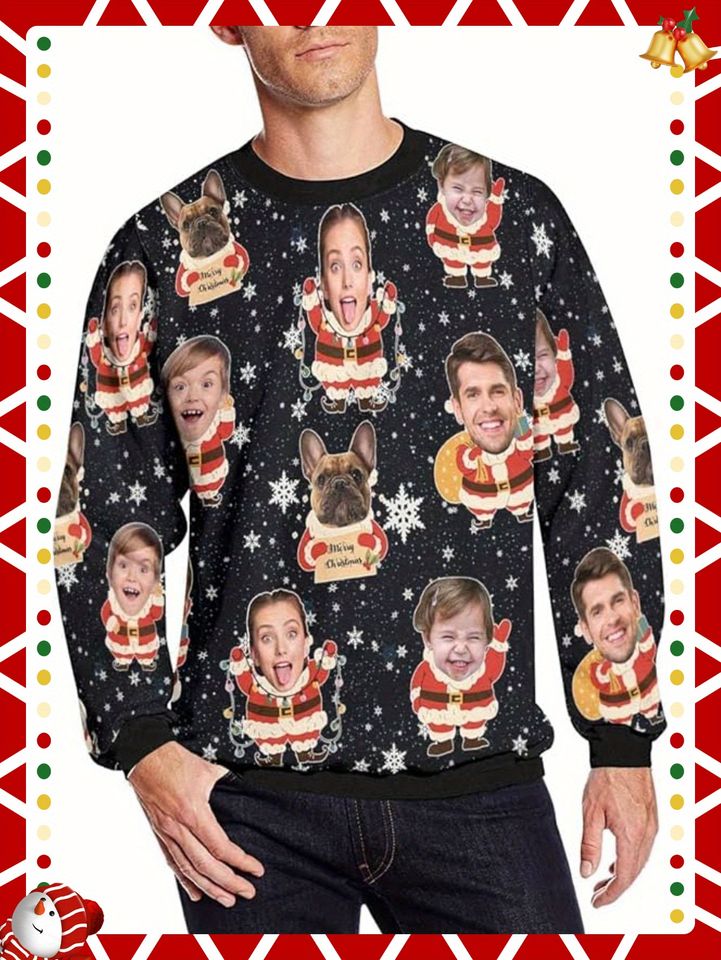 Custom Ugly Christmas Sweater with Your Photo & Text - All-Over Face Print, Long Sleeve, Unisex Holiday Gift