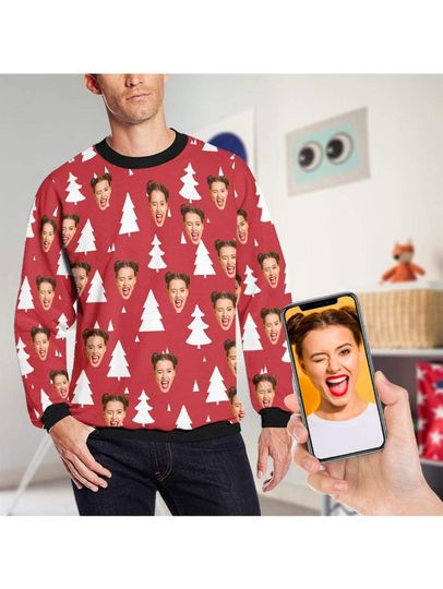 Custom Ugly Christmas Tree Sweater with Funny Face Print - Image 4