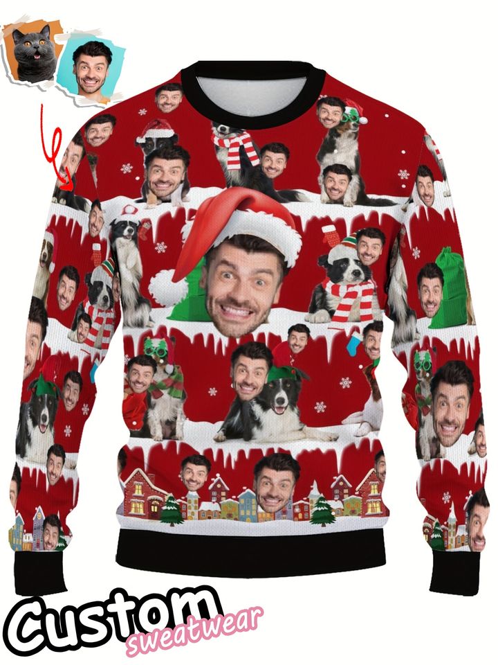 Custom Ugly Sweater - Crew Neck, Long Sleeve, Personalized Face Print, Holiday Gift, Festive Christmas Design