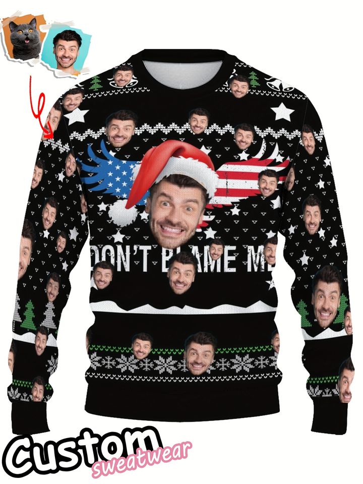 Custom Ugly Sweater, Long Sleeve Crew Neck, Personalized Face Print