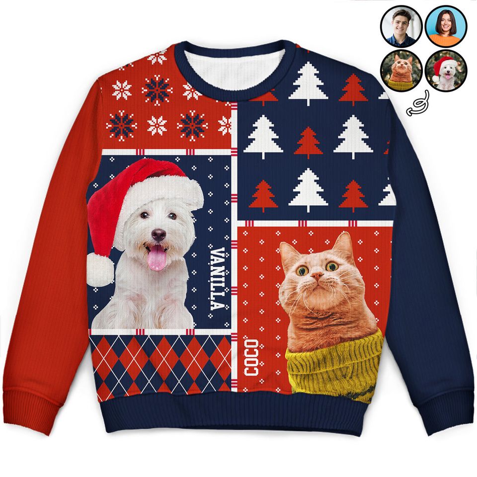 Custom Upload Photo Family Dog Cat Christmas Gift Personalized Unisex Ugly Sweater