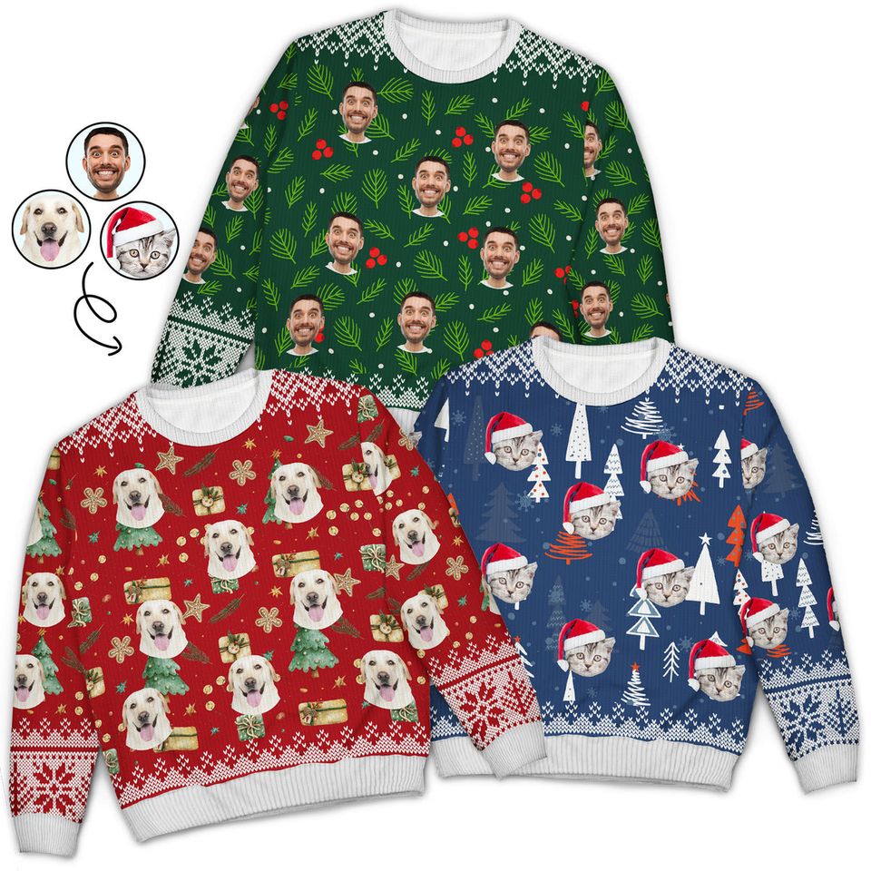 Custom Upload Photo Family Dog Cat Face Christmas Gift For Pet Lovers Unisex Ugly Sweater