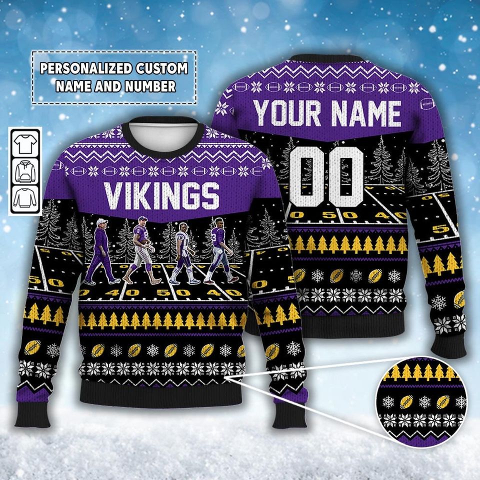 Custom Vikings Walking Abbey Road Ugly Christmas Sweater Football