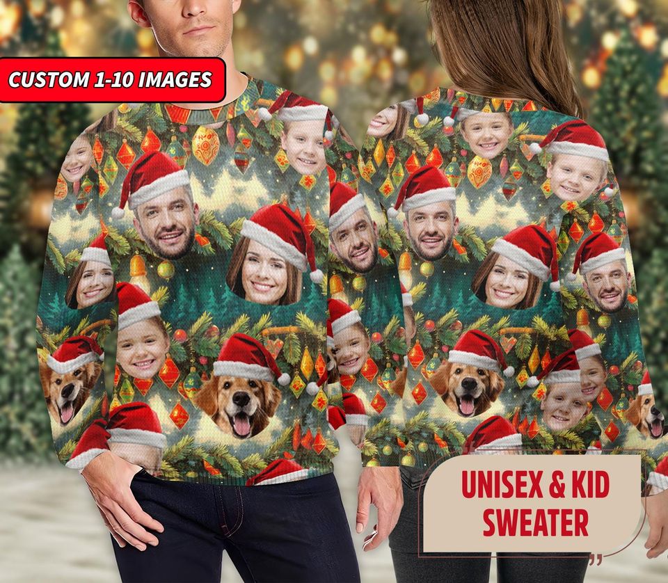 Custom Warm Christmas Ugly Sweater With Face Photo, Funny Family  Dog Cat