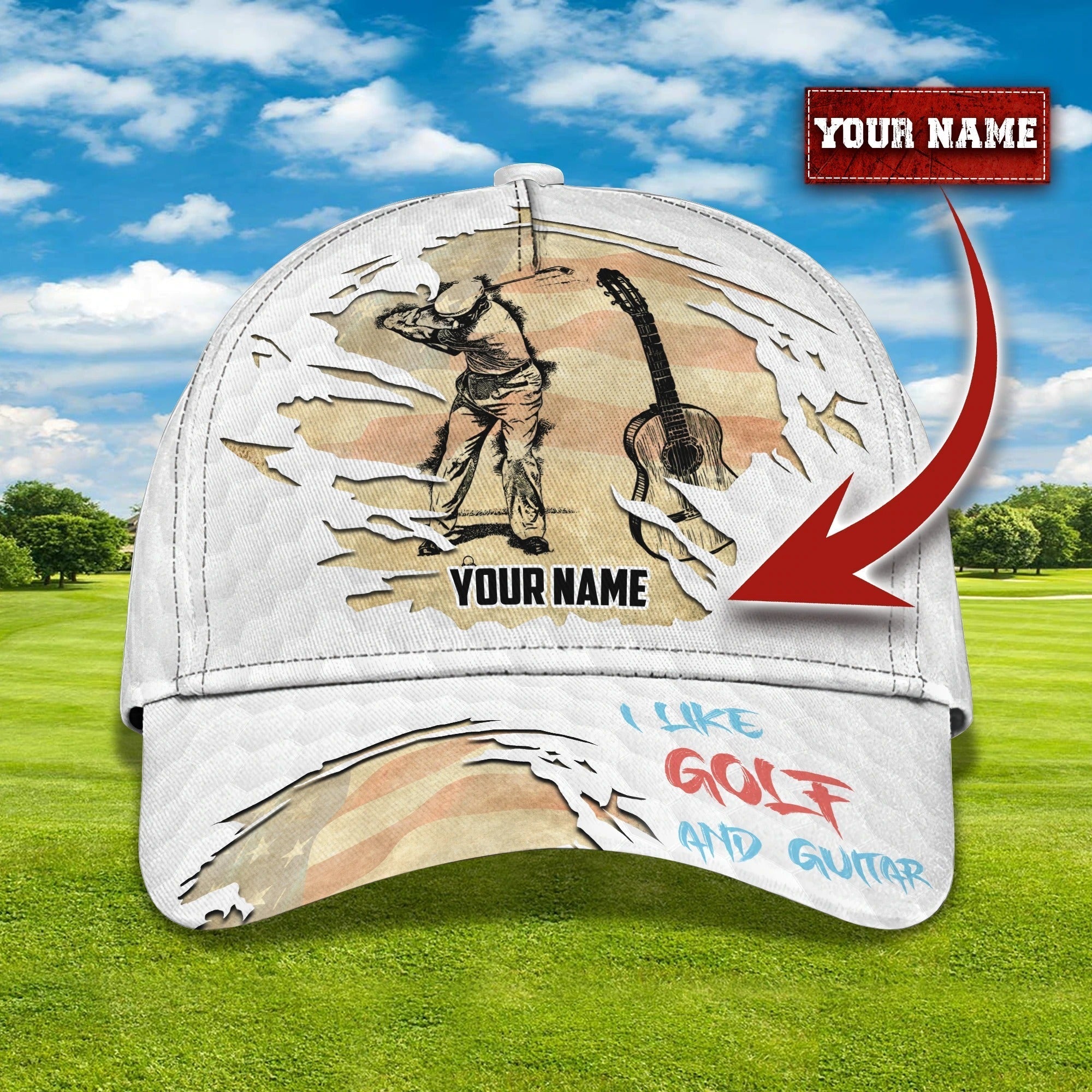 Custom With Name Baseball Cap For Golfer, I Like Golf And Guitar 3D Cap Hat, Golf Hat Mens Trucker Hats Custom Hats Gifts For Men & Women
