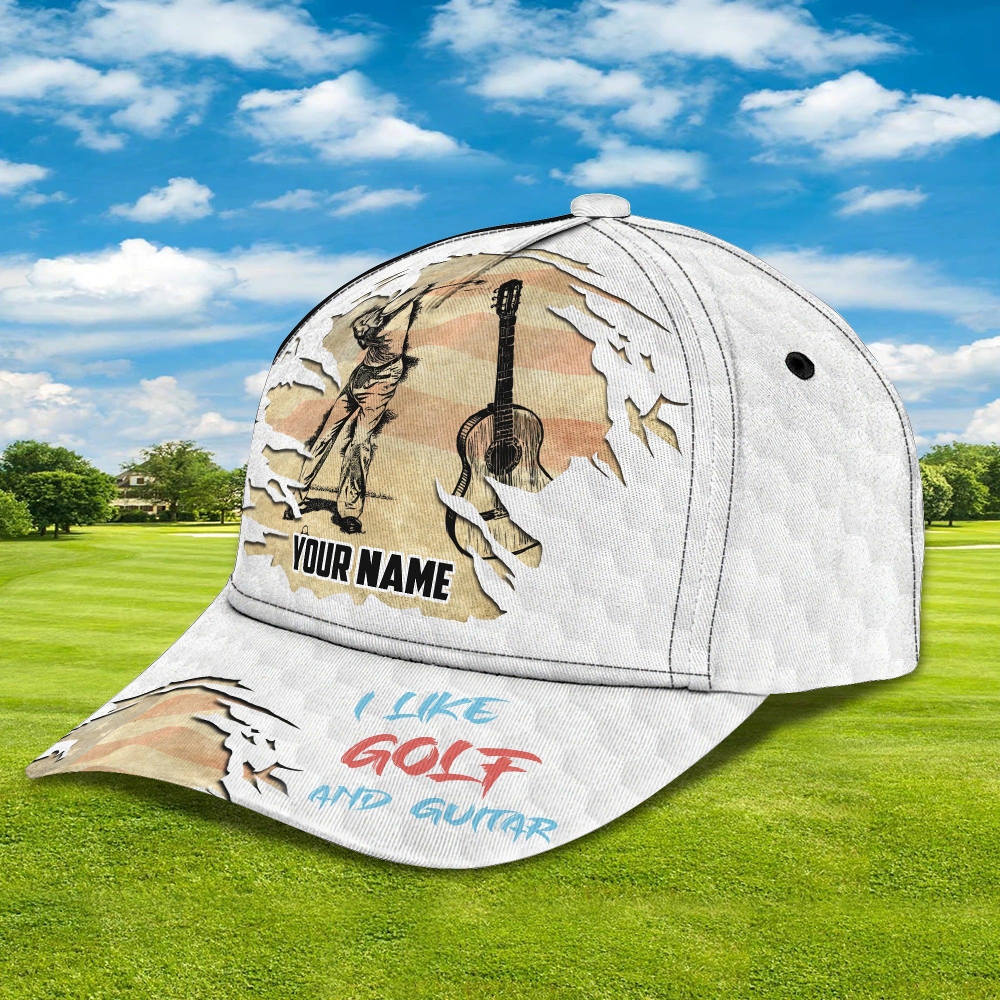 Custom With Name Baseball Cap For Golfer, I Like Golf And Guitar 3D Cap Hat, Golf Hat Mens Trucker Hats Custom Hats Gifts For Men & Women