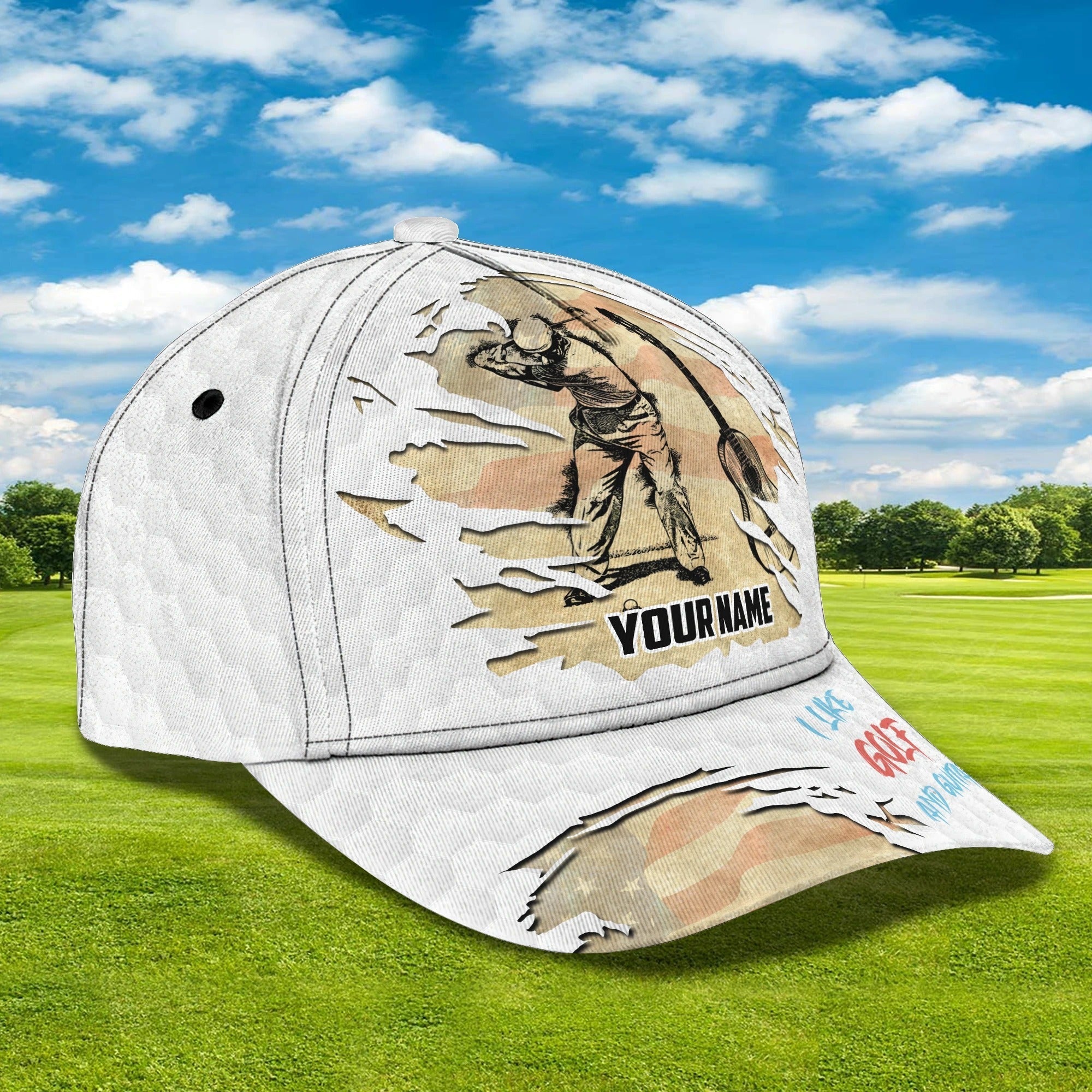Custom With Name Baseball Cap For Golfer, I Like Golf And Guitar 3D Cap Hat, Golf Hat Mens Trucker Hats Custom Hats Gifts For Men & Women