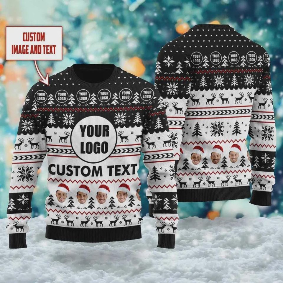 Custom Your Logo and Face Ugly Christmas Sweater, Custom Company Logo Xmas Ugly Sweater, Photo Company - Image 3