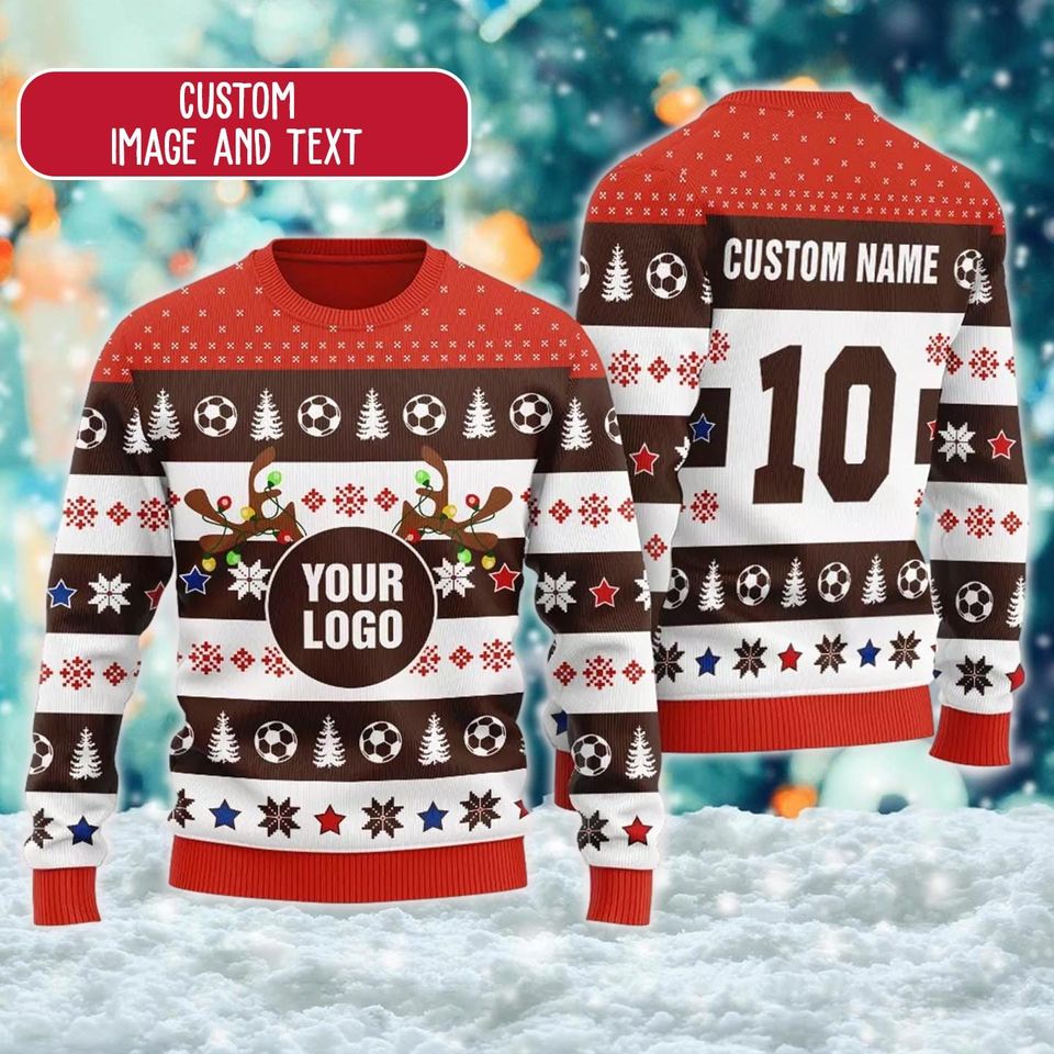 Custom Your Soccer Team Logo 3D Ugly Christmas Sweater, Personalized Sport Logo And Number
