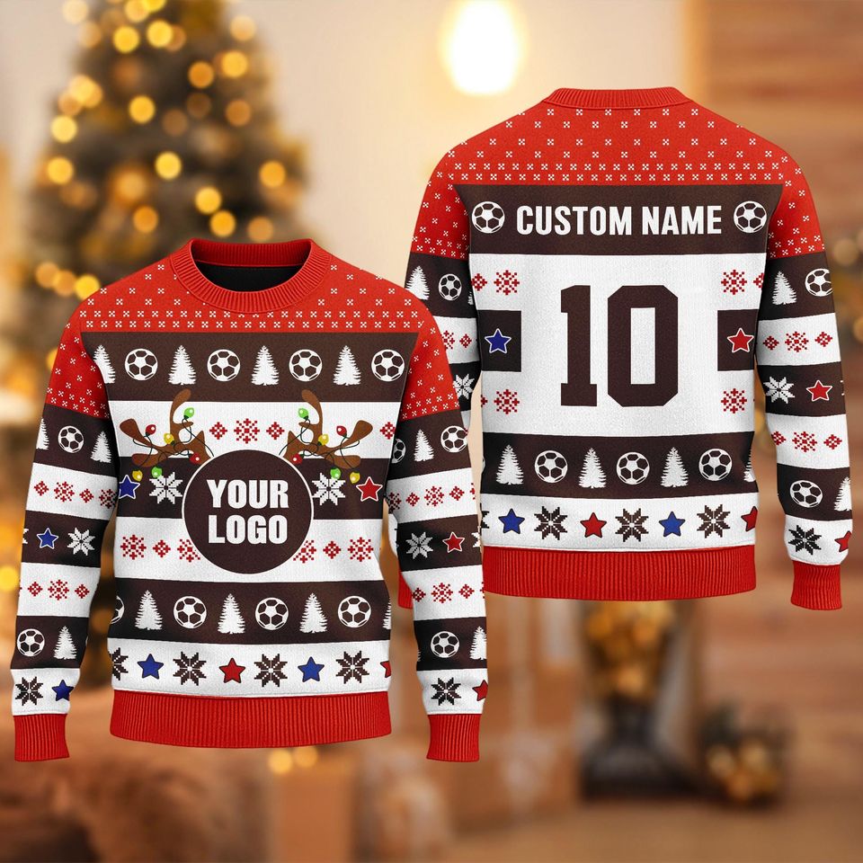 Custom Your Soccer Team Logo 3D Ugly Christmas Sweater, Personalized Sport Logo And Number Sweatshirt