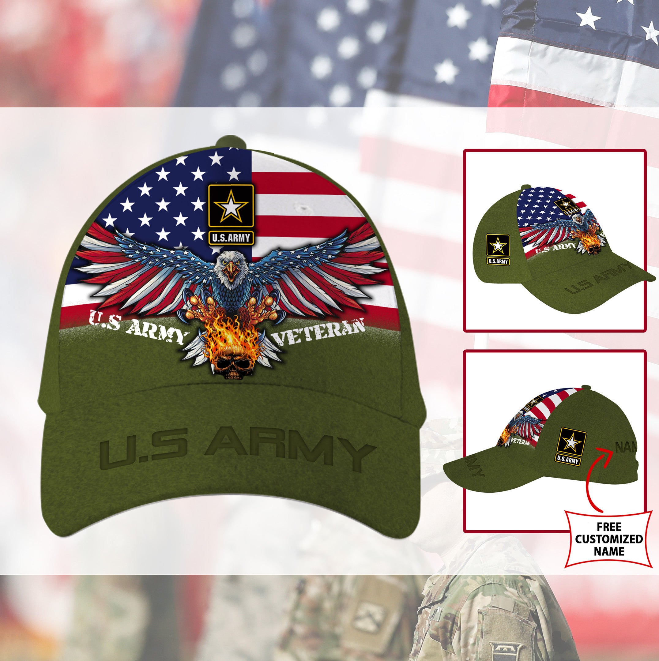 Customized Army Veteran American Flag Hat Proud Us Military Hat Classic Cap Trucker Hats Custom Hats Gifts For Men & Women