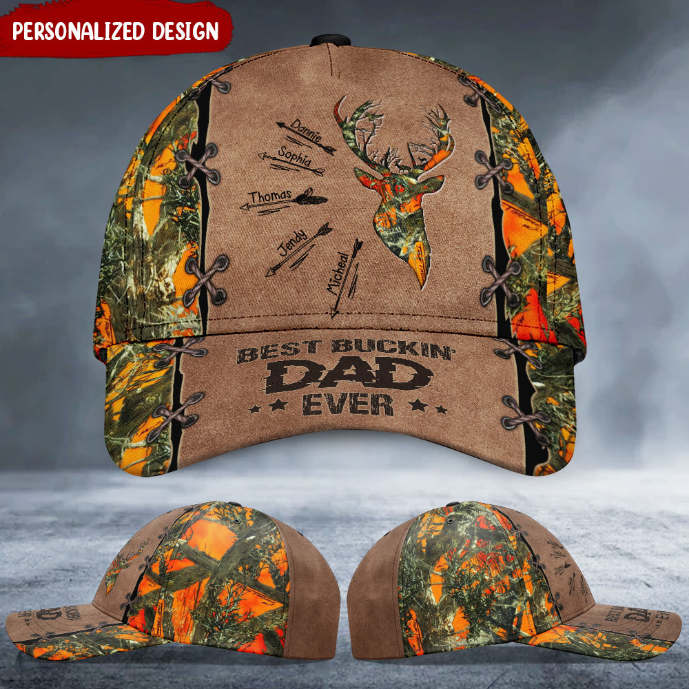 Customized Best Buckin Dad Ever Deer Hunting Grandpa Daddy Fathers Day Custom Kids Names Leather Pattern Cap Trucker Hats Custom Hats Gifts For Men & Women