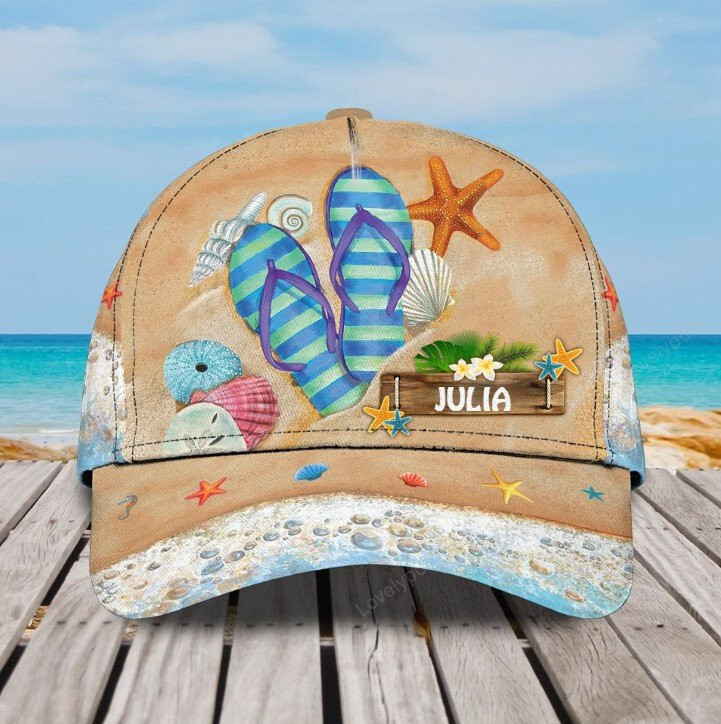 Customized Flip Flop Seashell Beach 3D Baseball Cap for Summer Holiday, Flip Flop Hat for Her Trucker Hats Custom Hats Gifts For Men & Women