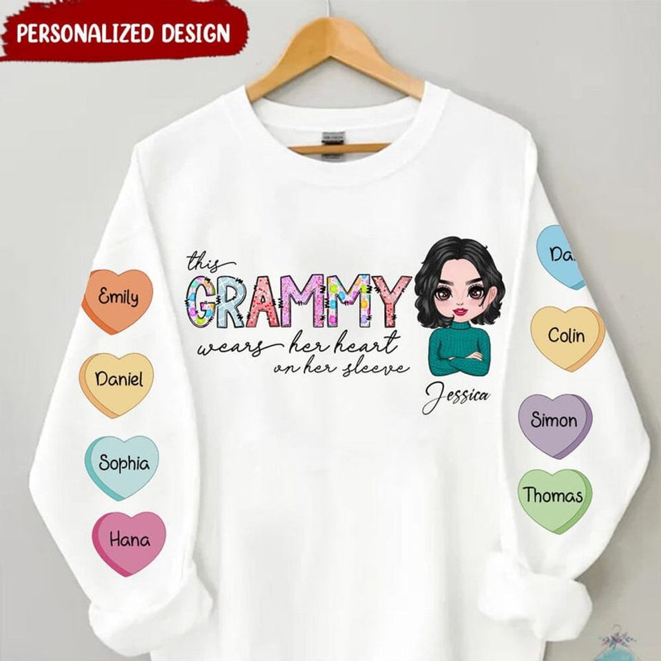 Customized Grandma Mom Wears Her Heart On Her Sleeve Valentine Heart Candy Sweater 3D