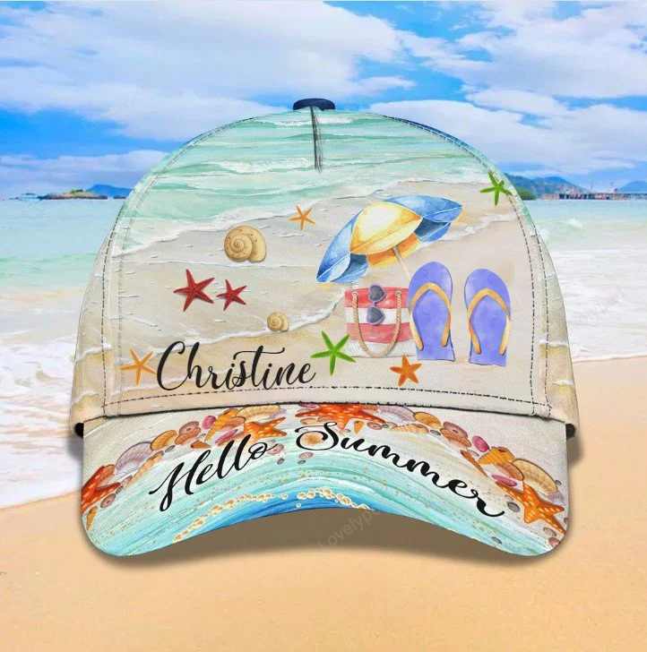 Customized Hello Summer Love Beach 3D baseball Cap for Girlfriend, Beach Hat for Her Trucker Hats Custom Hats Gifts For Men & Women