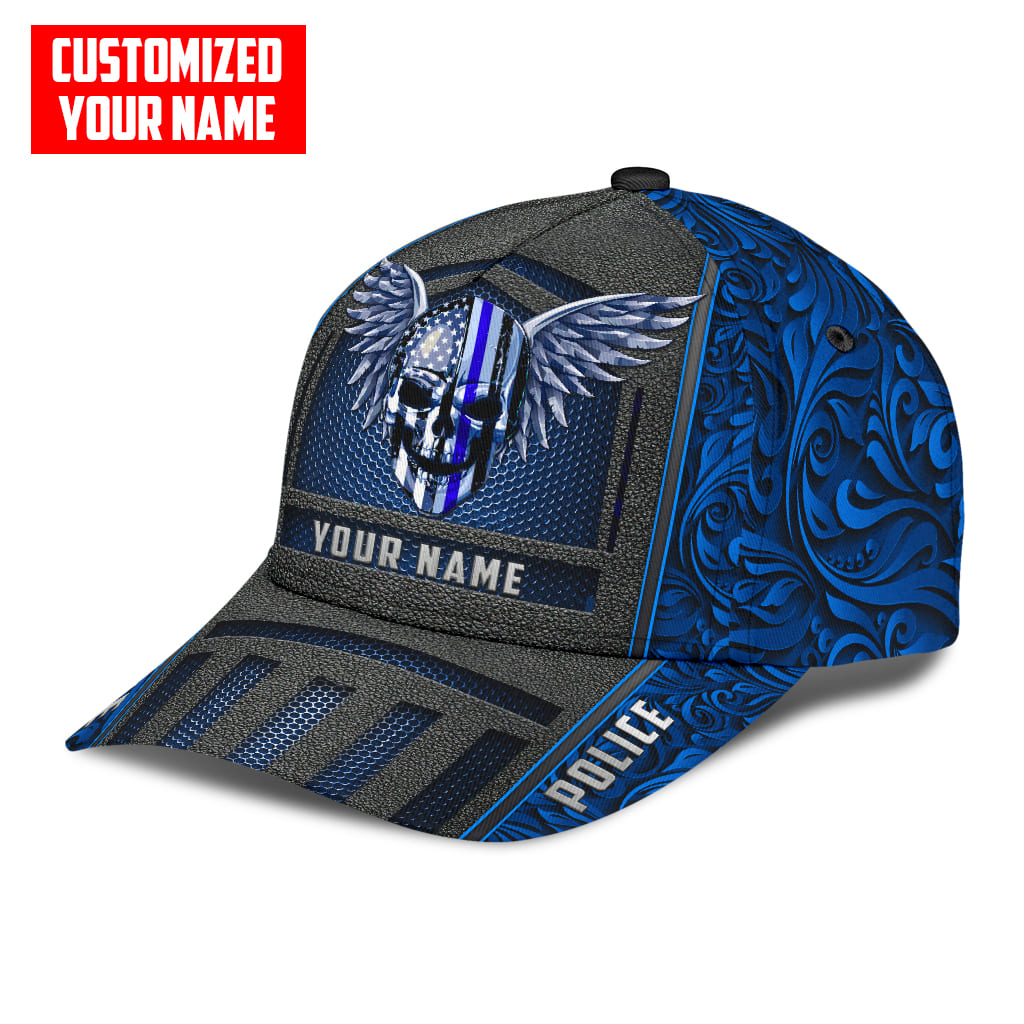 Customized Name Police Skull Classic Cap Blue Skull Baseball Cap Hat Trucker Hats Custom Hats Gifts For Men & Women