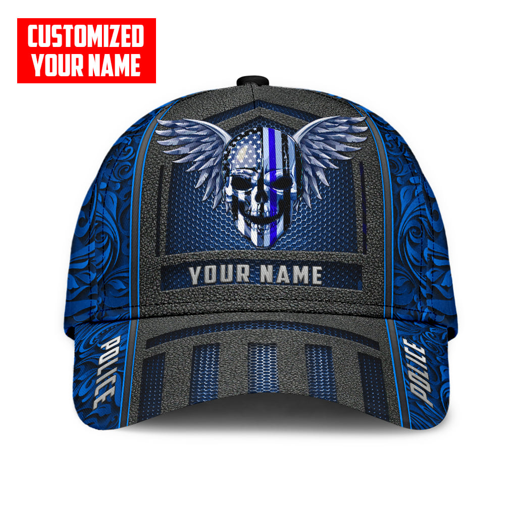 Customized Name Police Skull Classic Cap Blue Skull Baseball Cap Hat Trucker Hats Custom Hats Gifts For Men & Women