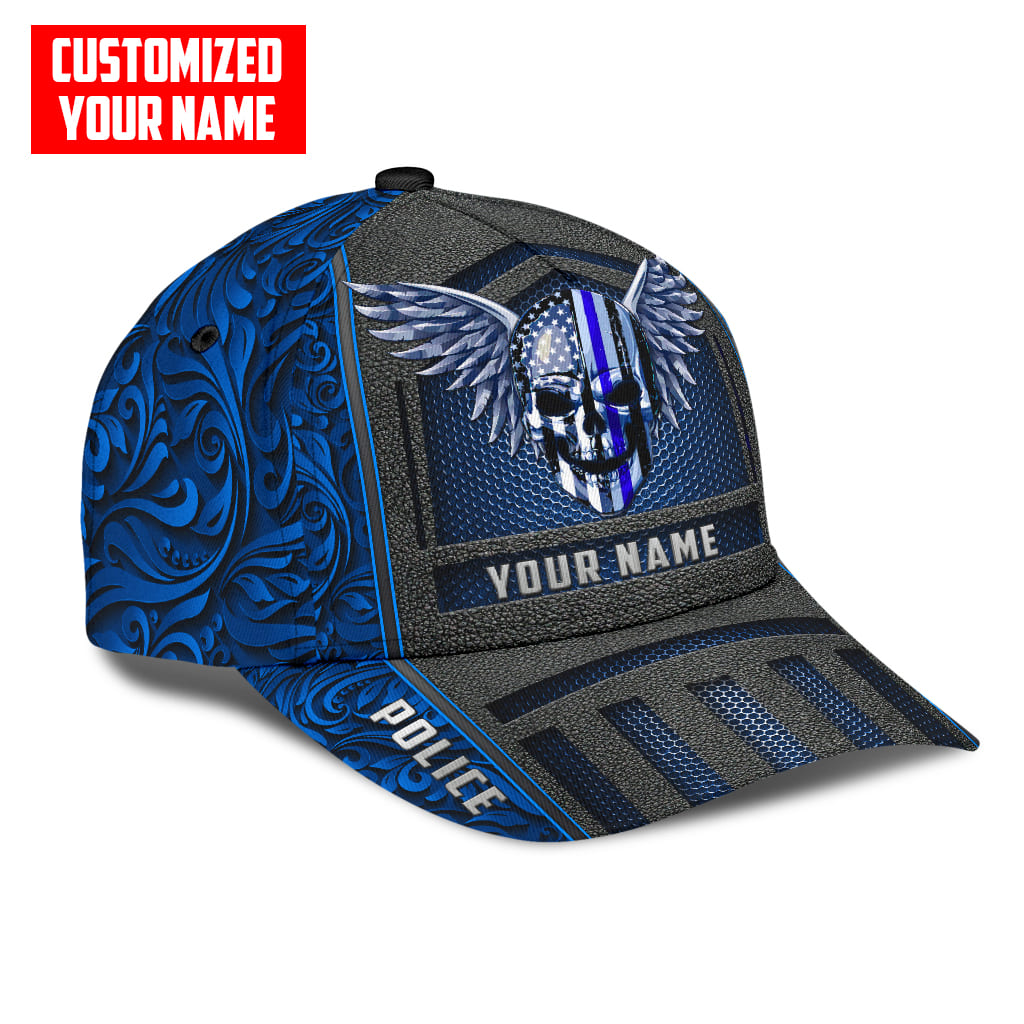 Customized Name Police Skull Classic Cap Blue Skull Baseball Cap Hat Trucker Hats Custom Hats Gifts For Men & Women