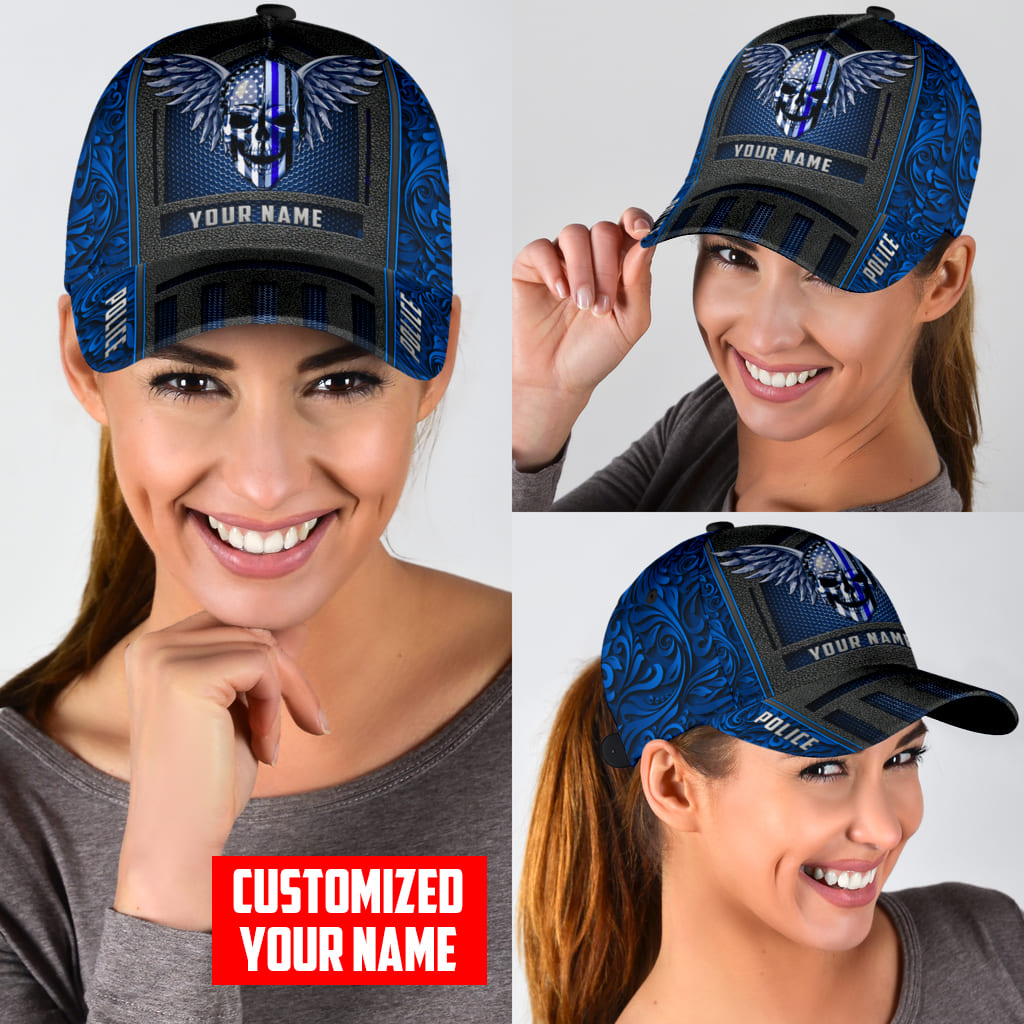 Customized Name Police Skull Classic Cap Blue Skull Baseball Cap Hat Trucker Hats Custom Hats Gifts For Men & Women