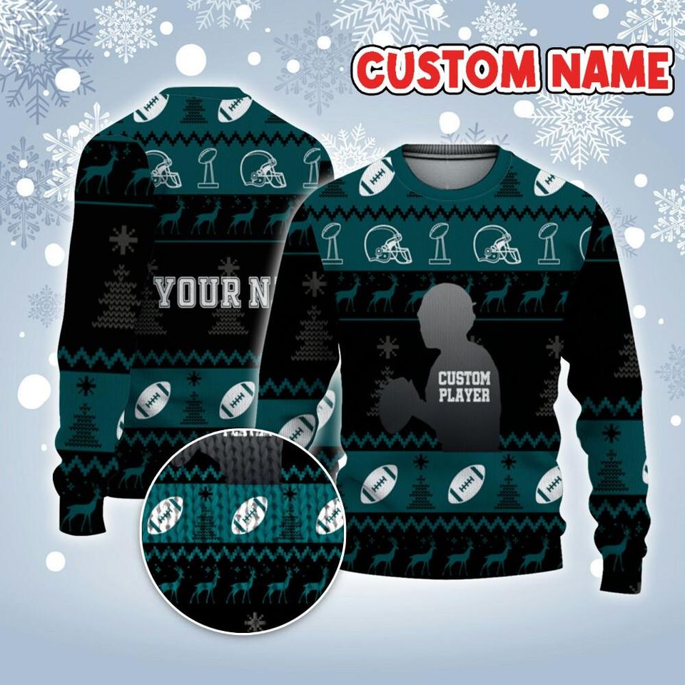 Customized Player American Football Ugly Christmas Sweater Black And Green