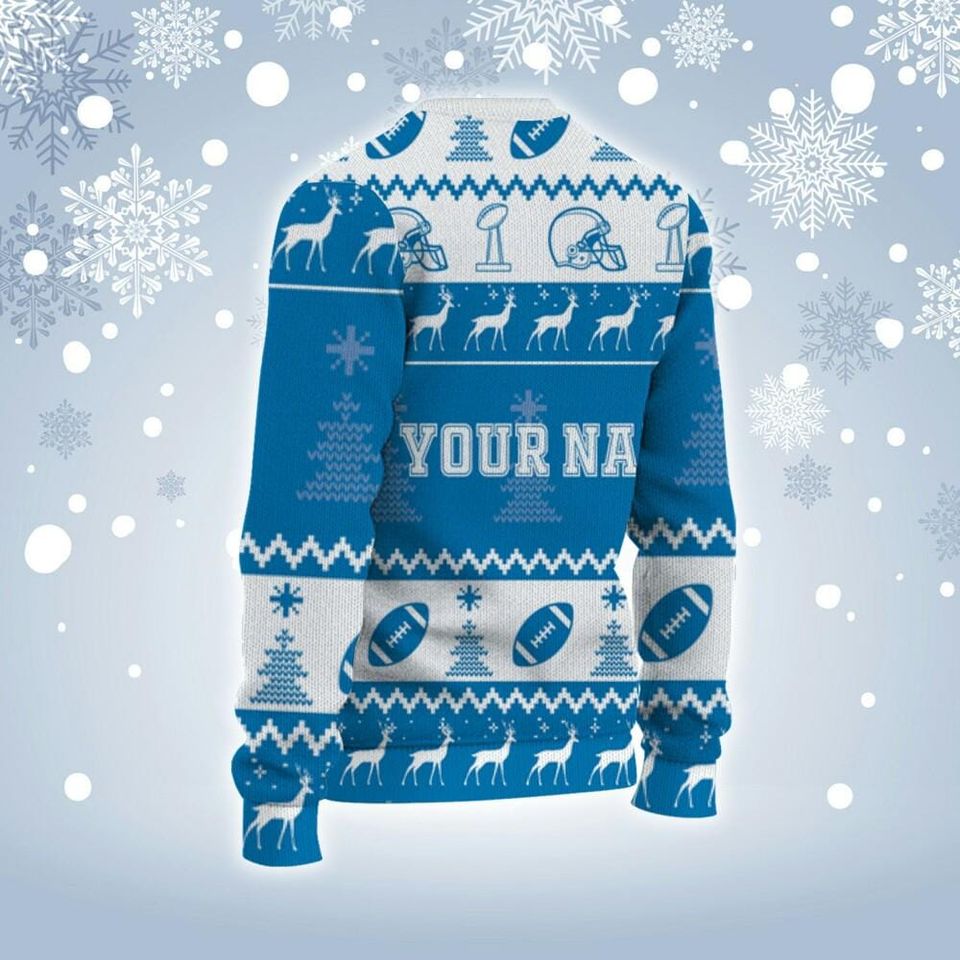 Customized Player American Football Ugly Christmas Sweater Blue And White - Image 4