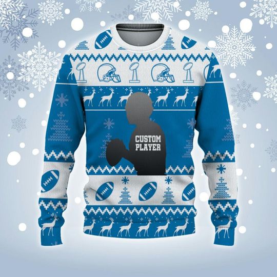 Customized Player American Football Ugly Christmas Sweater Blue And White - Image 8