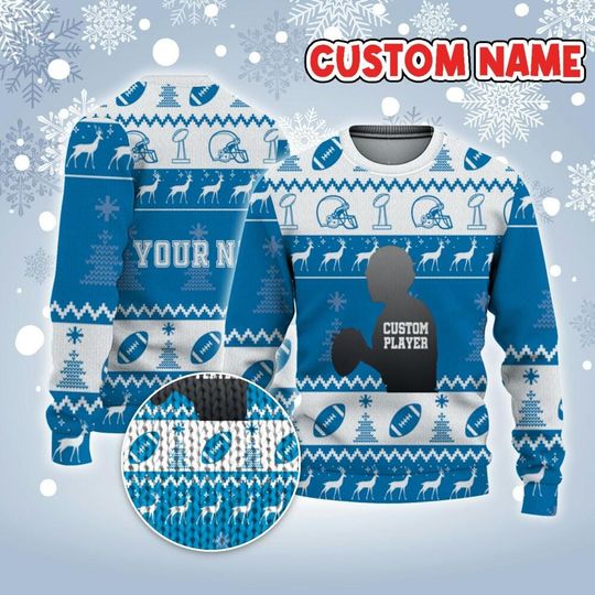 Customized Player American Football Ugly Christmas Sweater Blue And White - Image 7