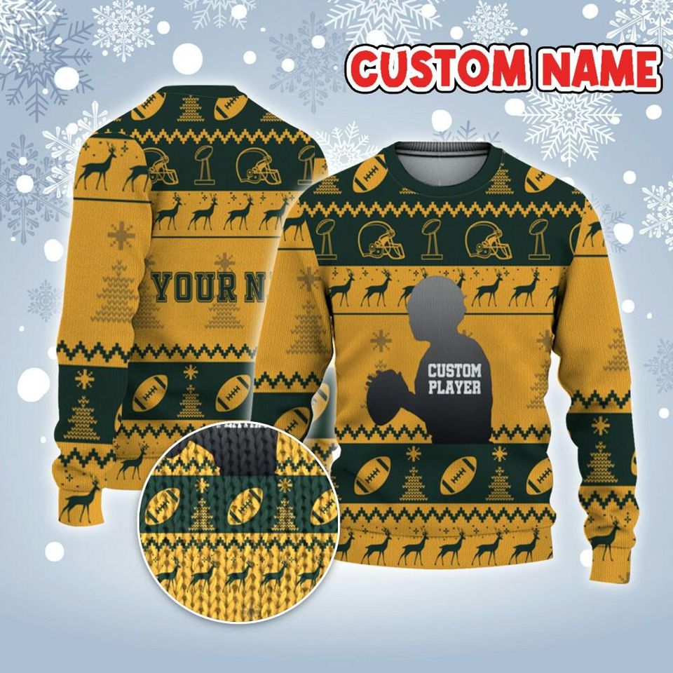 Customized Player American Football Ugly Christmas Sweater Green And Yellow