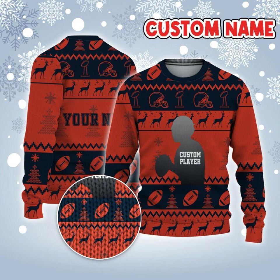 Customized Player American Football Ugly Christmas Sweater Navy And Orange